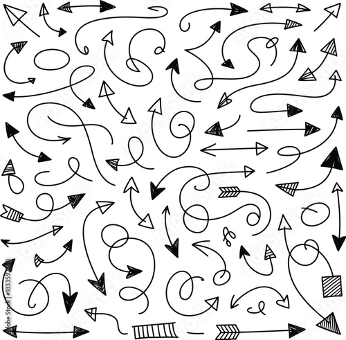 Large Group of Diverse Hand Drawn Arrows Keywords: arrow, arrows, hand drawn, doodle, sketch, drawing, graphic, design, direction, pointer, symbol