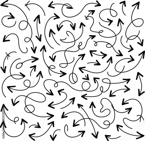 Large Group of Hand Drawn Black Arrows with Swirls and Curves Keywords: arrow, direction, pointer, sign, symbol, graphic, design, illustration
