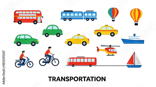 Colorful Transportation Illustration with Vehicles and Modes of Travel