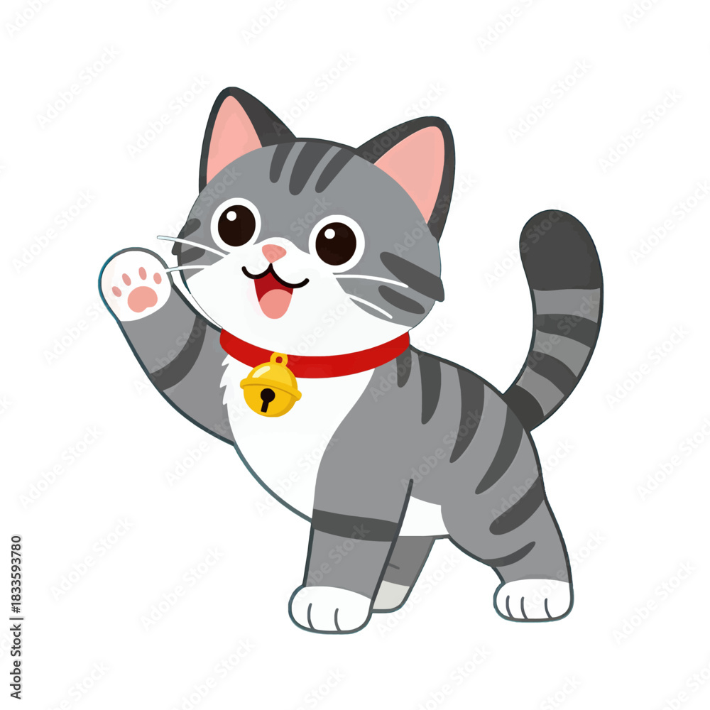 Fototapeta premium Cute Grey Tabby Cat Waving Paw Vector Illustration