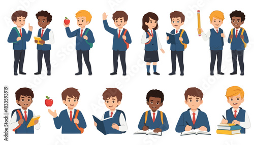 Collection of diverse students in school uniforms, interacting and engaged in various activities.