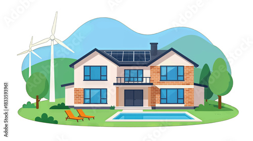 Eco-Friendly House with Solar Panels and Wind Turbines Illustration