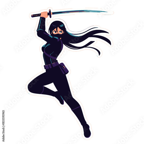 Female Ninja Character in Action Pose with Sword Vector Illustration