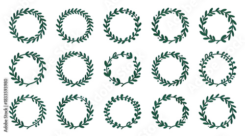 Elegant Green Laurel Wreath Vector Illustration Set