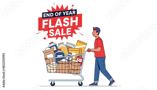Illustration of a man pushing a shopping cart overflowing with groceries under a "End of Year Flash Sale" banner.