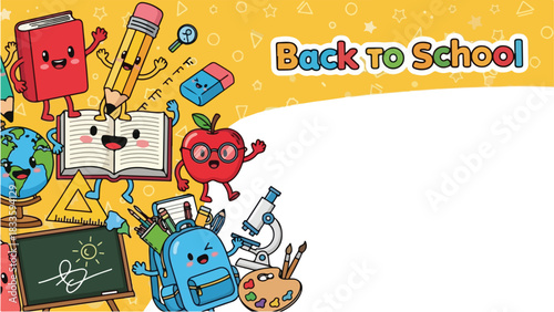 Back to school illustration featuring cartoon school supplies like a book, pencil, apple, globe, backpack, and microscope on a yellow background.