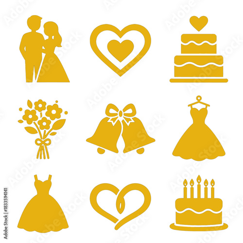 Golden Wedding Icons Flat Design Style