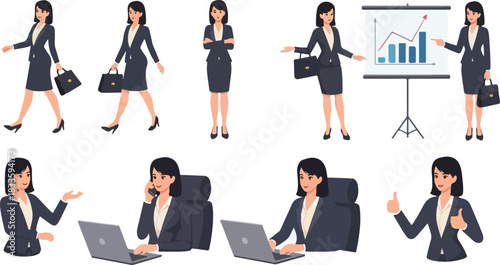 Collection of illustrations depicting a professional businesswoman in various poses, demonstrating different business activities.
