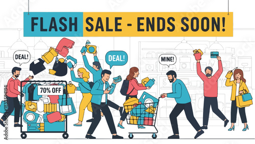 Illustration of shoppers excited about a flash sale, holding items, pushing carts, with a banner announcing the sale ends soon.