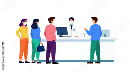 People Wearing Masks at Medical Reception Desk Vector Illustration