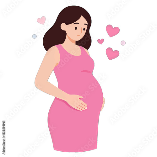 Pregnant Woman in Pink Dress with Hearts Illustration