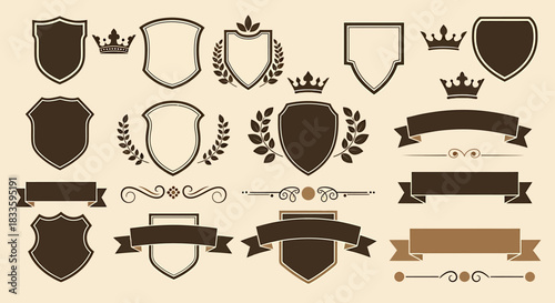 Collection of Vintage Shields, Crowns, and Banners for Design.