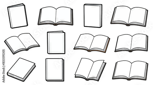 Set of White Minimalist Open and Closed Books in Line Art Style