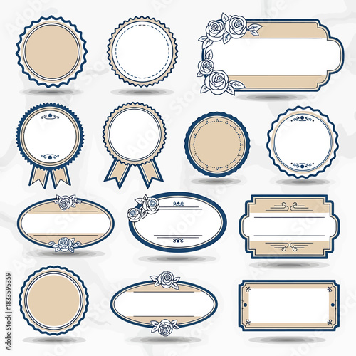 Collection of Vintage Style Labels and Badges with Decorative Elements.