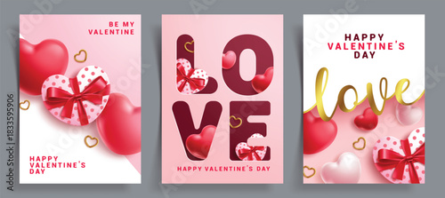 Happy Valentine's day greeting card clipart poster set. Valentine's day greeting card clip art with Love typography text, balloons and heart shape gift box decoration elements for heart's day banner 