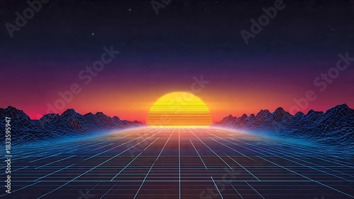 Abstract Landscape Wireframe Background with Sunset and Grid Design