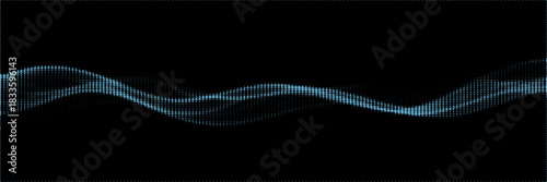 Flowing dot particles wave curve pattern blue and green gradient light isolated on black background in concept of AI technology, science, music. Vector illustration