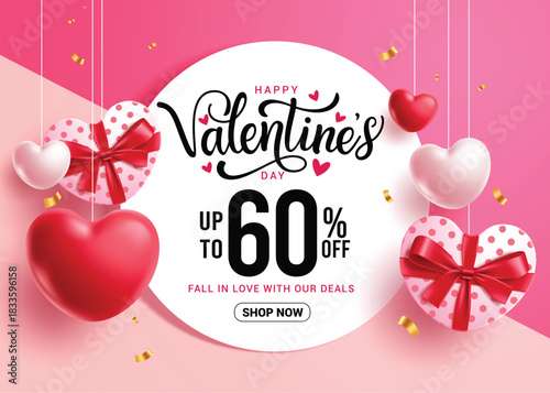 Happy Valentine's day sale clipart banner template. Valentine's day promotion discount with hanging gift box, hearts shape and 60% off shopping promo in pink background vector illustration.
