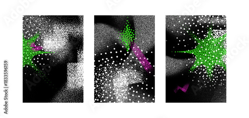 Abstract Cosmic Noise Triptych.  Geometric posters in Green and Pink for graphic design. Grainy сollection in style y2k