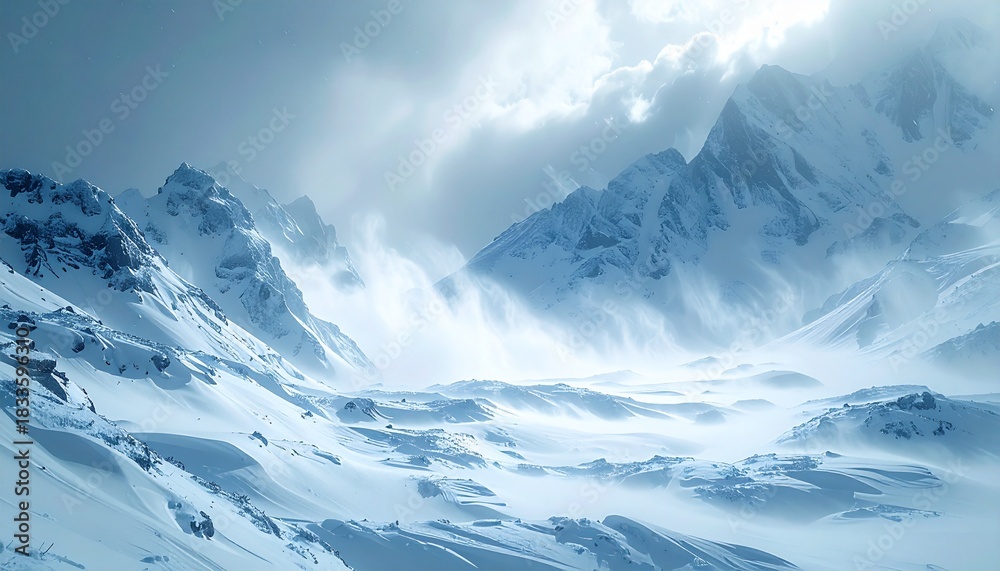 Fototapeta premium 吹雪に包まれる雪山の厳しい自然風景