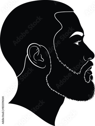 Black silhouette vector profile of a handsome man with a full beard and modern haircut, representing masculinity, fashion, barber shop design, male .