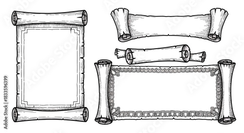 Hand-drawn scrolls and parchment paper for medieval or fantasy designs.