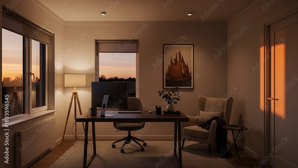 custom made wallpaper toronto digitalCozy Home Office at Sunset - Desk, Chair, and Warm Light.