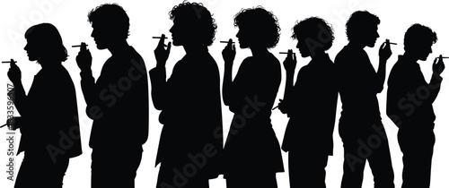 Horizontal line of seven diverse silhouettes of men and women witsmoking cigarettes, representing th different hairstyles, standing and smoking cigarettes, 
