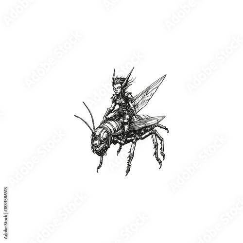 vintage-style illustration featuring a small, armored fantasy fairy or elf riding a giant, formidable cricket or grasshopper