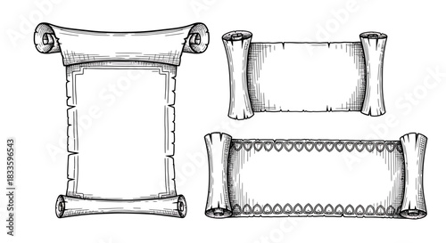 Vintage Scroll Collection - Hand-Drawn Parchment Designs for Historical Documents.