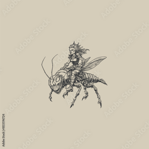 vintage-style illustration featuring a small, armored fantasy fairy or elf riding a giant, formidable cricket or grasshopper