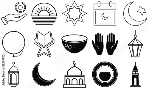 Islamic icons: ramadan, mosque, prayer, quran, crescent, star
