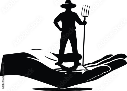 Silhouette of a confident farmer wearing a hat and holding a pitchfork, standing on a massive open hand, symbolizing agricultural support, sustainable farming, protection, and community care.