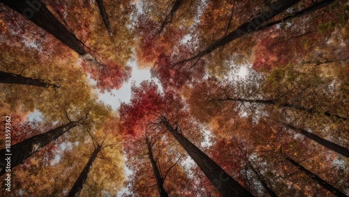 Autumn canopy view from below, vibrant colors of fall foliage.