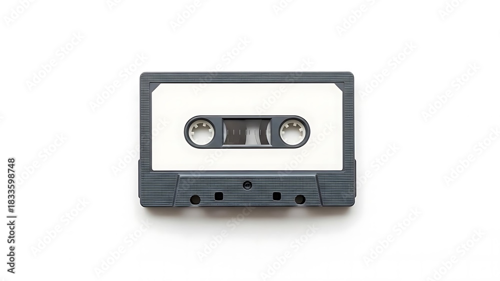 Obraz premium A classic gray and white audio cassette tape, an iconic symbol of vintage music and analog recording technology, isolated on a clean white background, evoking a sense of nostalgia