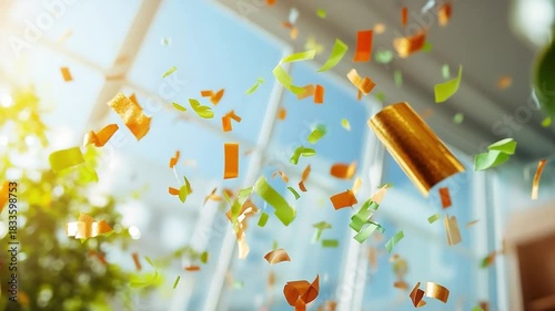 Celebration Confetti: Captured during a moment of revelry, this image showcases a vibrant shower of confetti, symbolizing joyous occasions and festive moments in a bright, inviting setting.