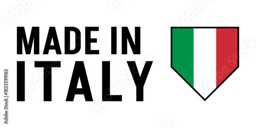 Vector illustration featuring the bold ‘Made in Italy’ typography paired with a stylized shield emblem displaying the green, white, and red colors of the Italian flag for branding and product labeling