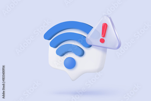 3d wireless connect and sharing network on internet with alert notice. Hotspot access point for false, problem, fail to connect. Broadcasting area with WiFi. 3d signal vector icon render illustration