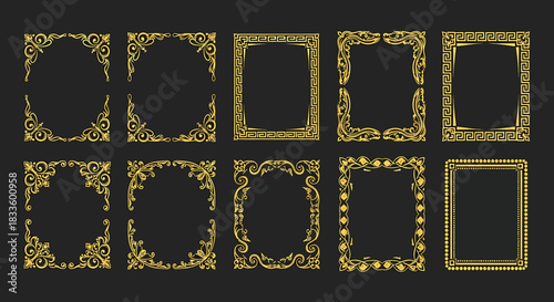 Set of ornate golden frames for decorative design.