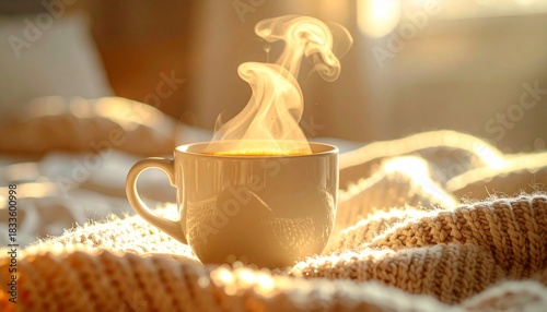 Extreme close-up of a hot Americano cup with thick rising steam, placed on a cozy knitted texture background with golden hour backlight, representing winter comfort and relaxation