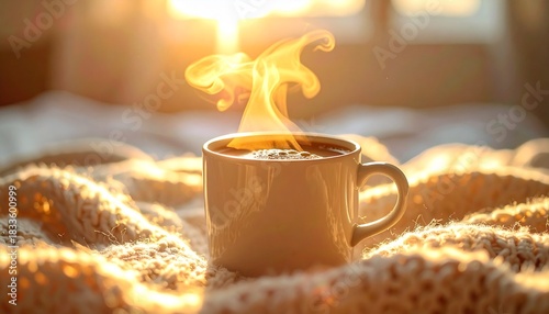 Extreme close-up of a hot Americano cup with thick rising steam, placed on a cozy knitted texture background with golden hour backlight, representing winter comfort and relaxation