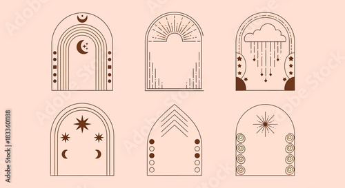 Collection of Mystical Archway Designs with Celestial and Geometric Elements.