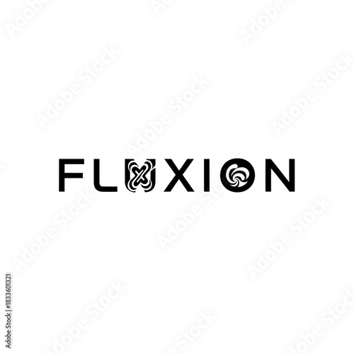 Black and white logo text for the brand name fluxion vector template design