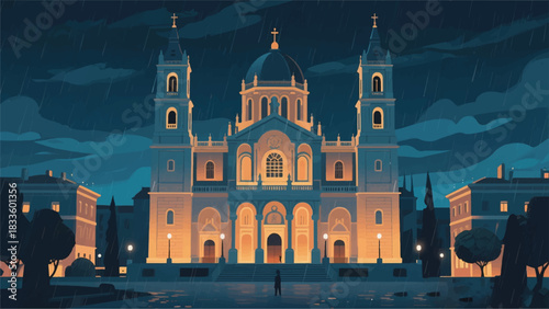 Historic Church Building Illustrator Artwork Banner Background Design Template 