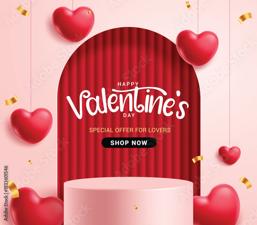 Happy Valentine's day Sale clipart banner template. Valentine's podium stage clip art with heart shape hanging elements for lovers special offer shopping discount banner sale vector illustration.
