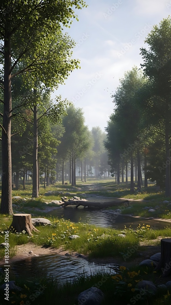 Obraz premium Lush Forest Scene with Stream and Sunlight.
