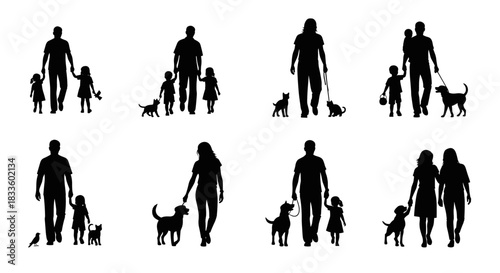 Silhouettes of families walking with children and pets.