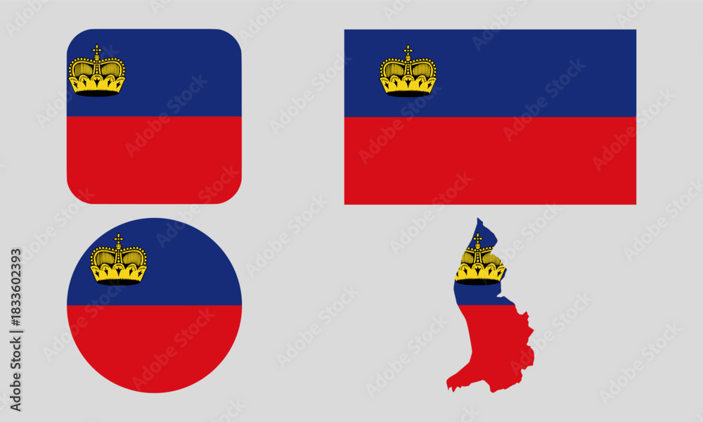 Naklejka premium Liechtenstein Flag Icon Set in Square, Round, and Map Shapes. Clean Modern Collection. Perfect for use in apps, websites, presentations, infographics, educational materials, travel content.