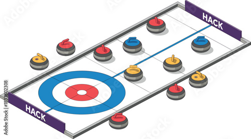Isometric illustration of curling stones on ice rink with house target, sports strategy scene, winter game competition, detailed curling equipment layout