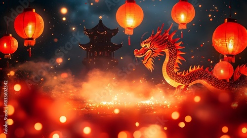 Chinatown celebrates New Year with dragons and red lanterns.